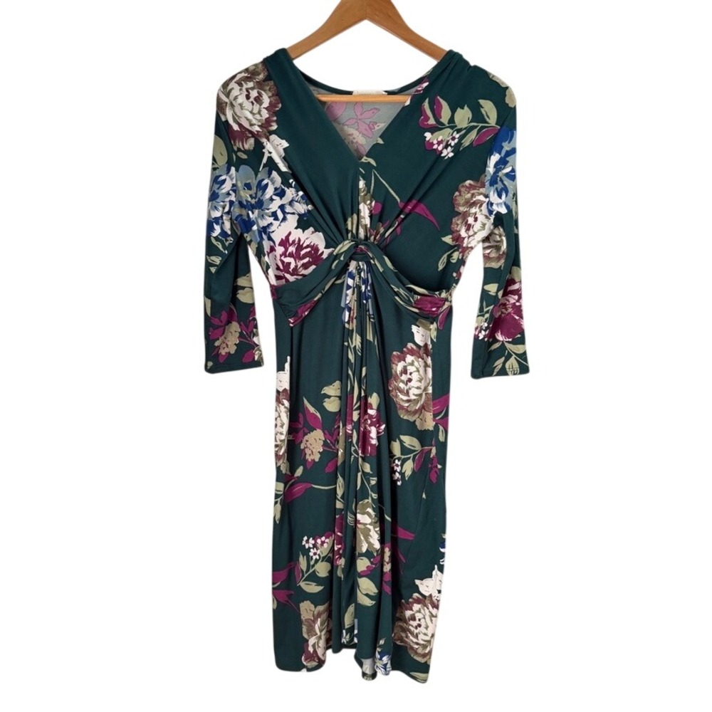 Reborn J Dark Floral Dress Twist Front Midi S Green V-Neck 3/4 Sleeve Modest